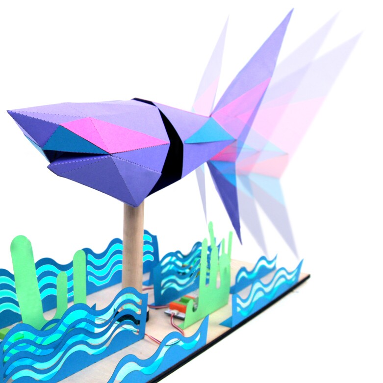 Shark containing five Bits modules: dc motor module, power module, RGB LED module, slide dimmer module and wire module (Photo: littleBits)