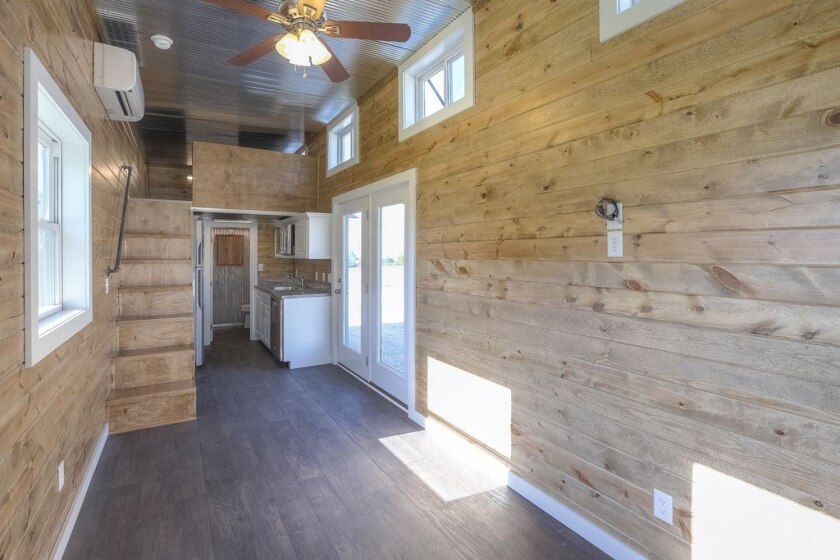 The interior is finished in pine tongue and groove walls
