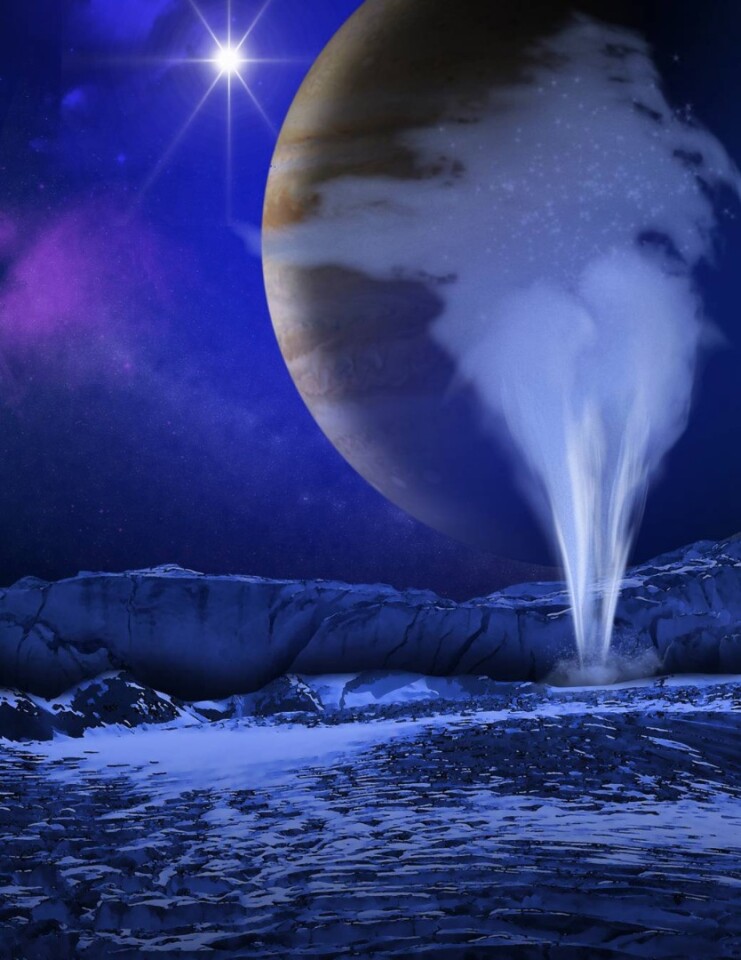 Artist's concept of a plume of water vapor thought to be ejected off the frigid, icy surface of the Jovian moon Europa (Credit: NASA/ESA/K. Retherford/SWRI)