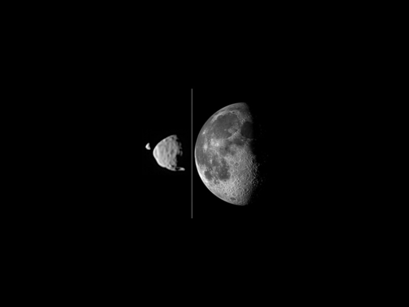 Comparison of the Moon as soon from Earth (right), and Phobos and Deimos as seen from the surface of Mars by NASA's Curiosity rover in 2013