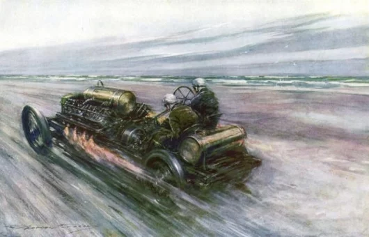 This painting by F.Crosby-Nash was commisiioned by 'Autocar' and captioned 'The famous "200" Darracq with which Sir Algernon Guinness, Bart., achieved 120mph in 1908'
