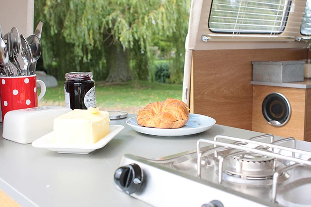 A countertop works as food prep space or a small breakfast nook