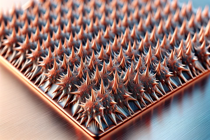 Even thick-skinned bacteria is no match for the copper-coated spiky surface of the etched stainless steel, as illustrated in this exaggerated rendering of the material