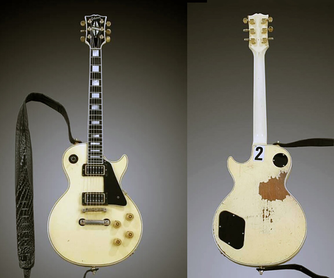 This cream 1975 Les Paul guitar is only the third guitar, after his Explorer and Black Stratocaster, that U2's The Edge purchased. He bought in New York in 1982 and used it in the recording studio and on stage for more than 20 years. It sold for $298,000 at a Julien's auction on 27 April, 2007