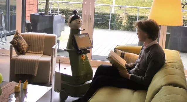 The Mobiserv robot communicates either by two-way audio, or via a touchscreen interface