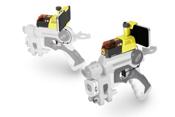 The pistol grip can be detached to fit the AppTag's sensor and trigger to almost any toy gun with an accessory rail