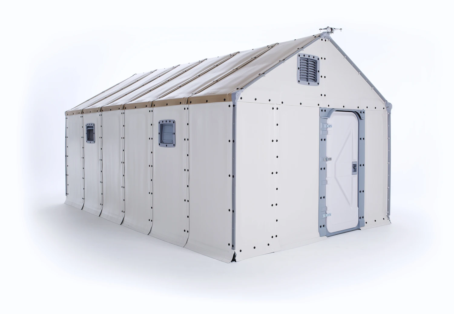 The Better Shelter includes windows, a locking door, and a solar panel on the roof