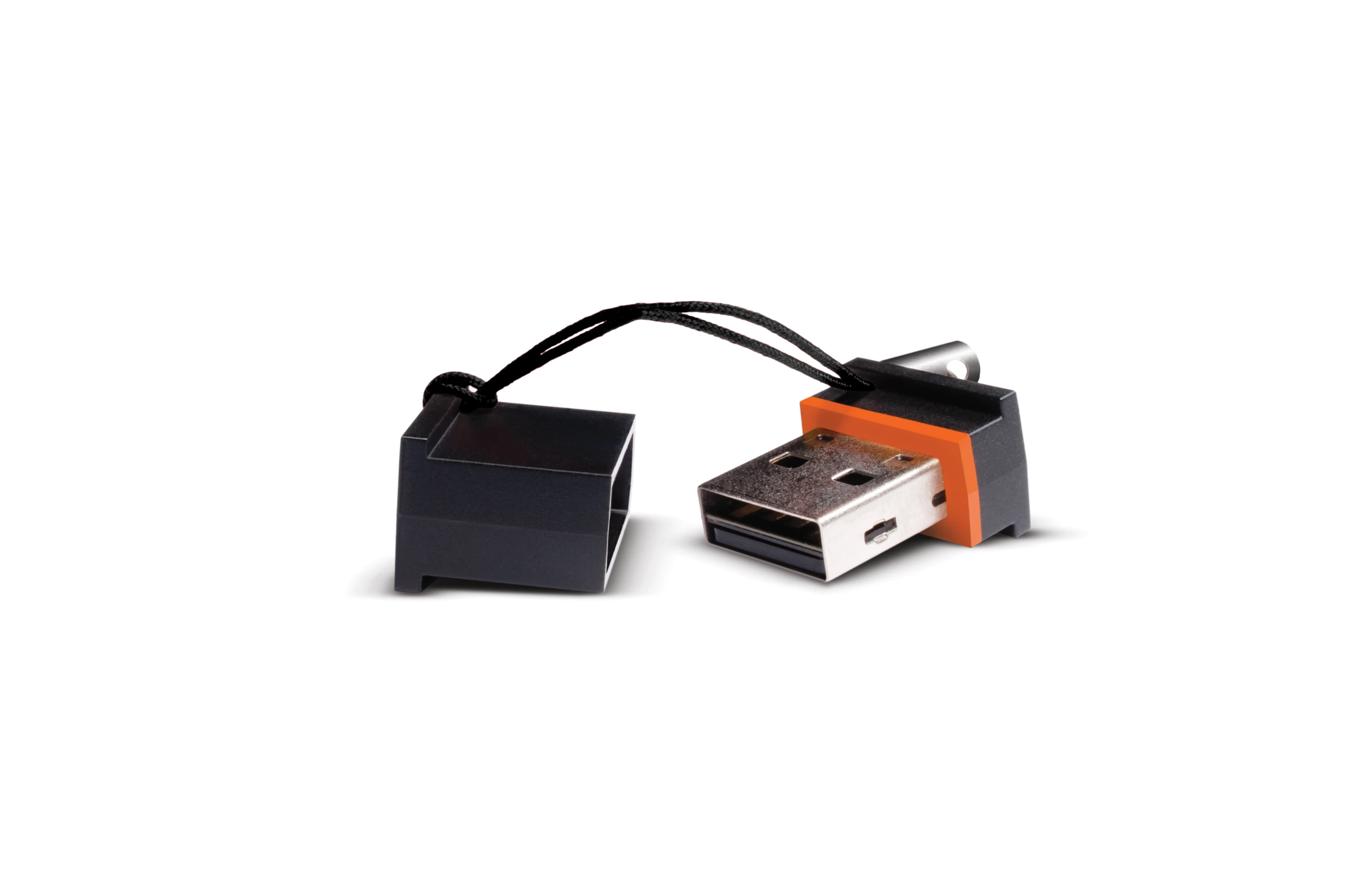 The nylon strap and protective cap of LaCie's MosKeyto USB flash drive