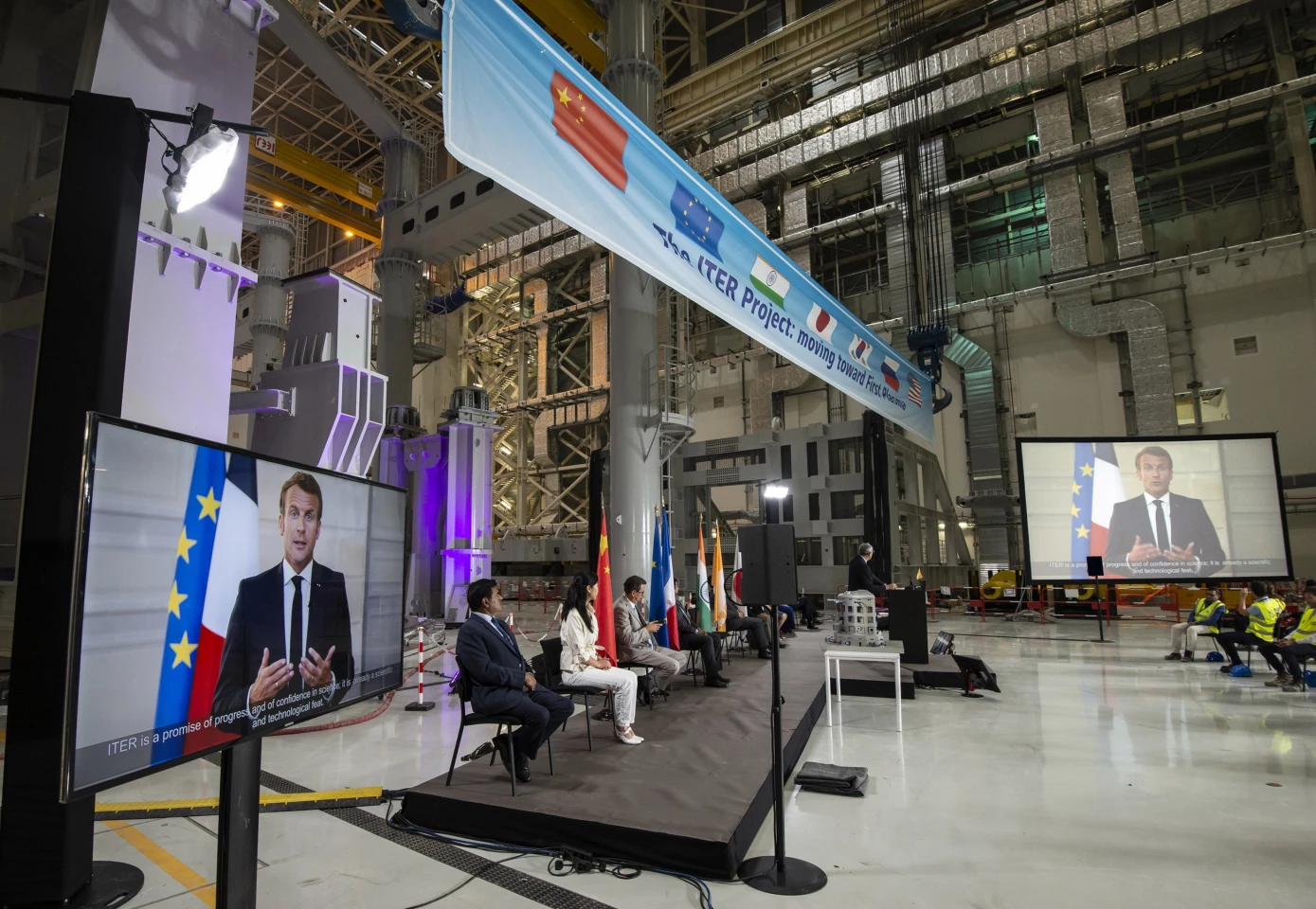 French president Emmanuel Macron addresses the crowd at ITER
