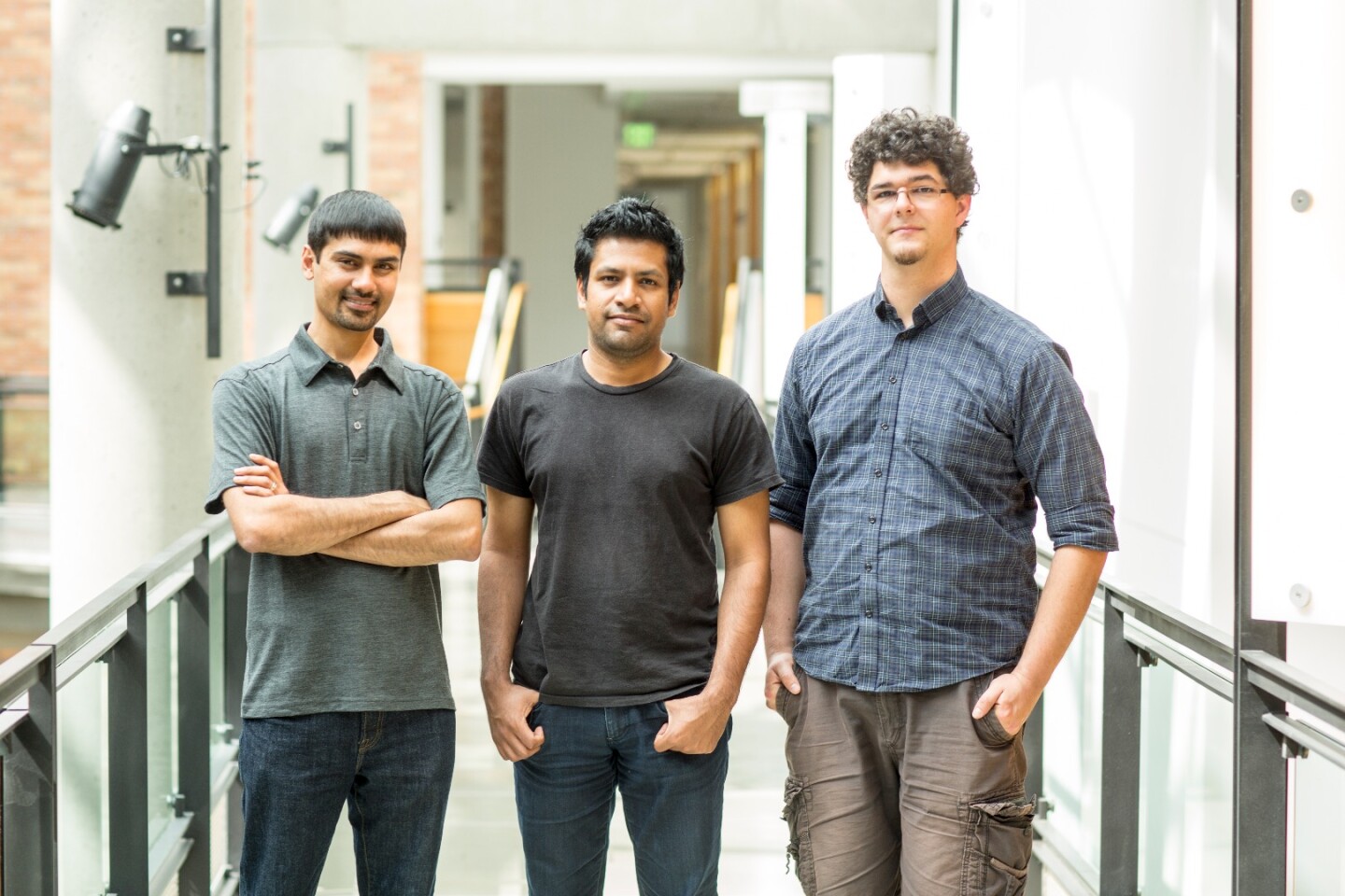 The SpiroCall research team includes (left to right) Shwetak Patel, Washington Research Foundation Endowed Professor of Computer Science & Engineering and Electrical Engineering at the UW; UW computer science and engineering doctoral student Mayank Goel; and UW electrical engineering doctoral student Elliot Saba