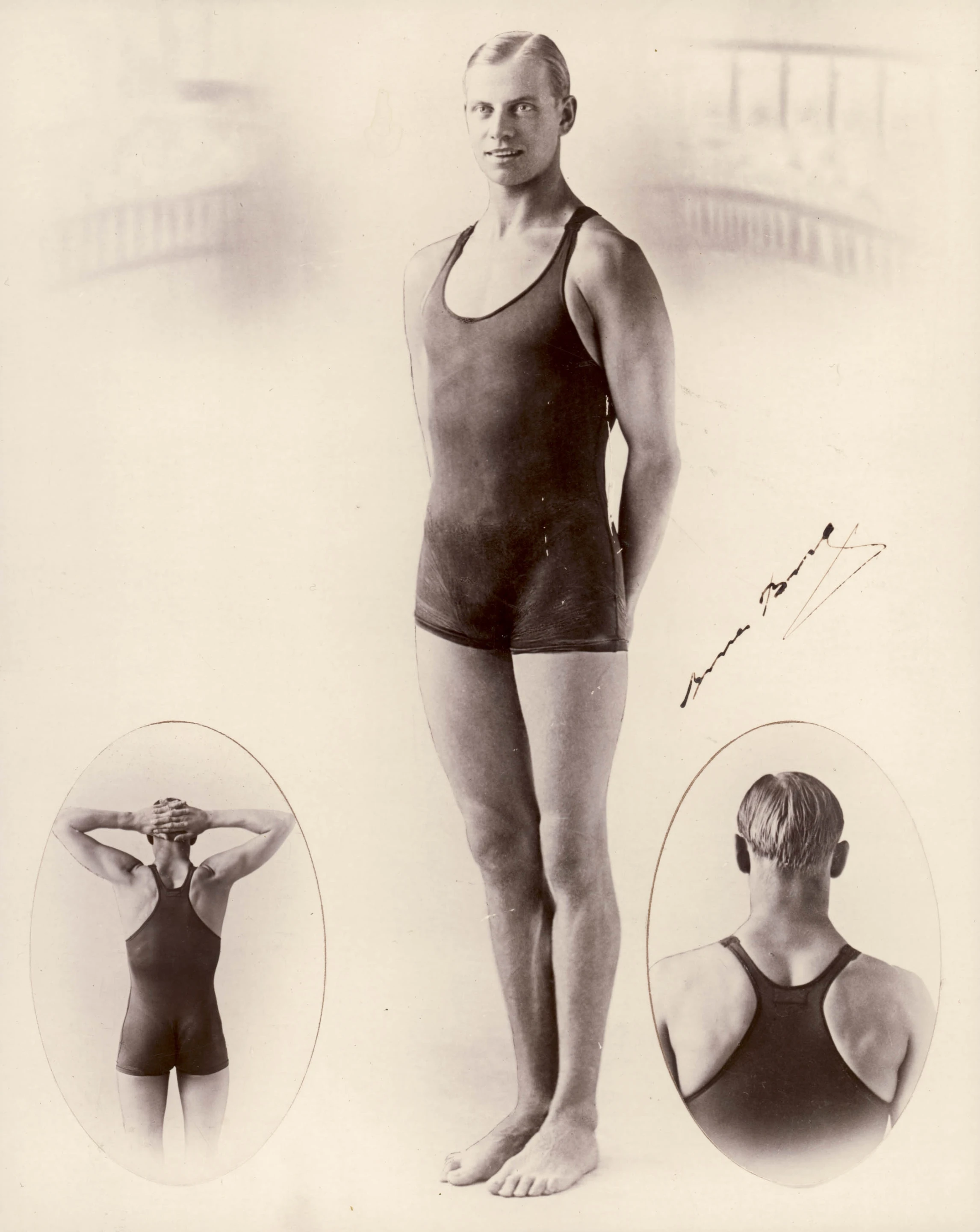 Black and white photograph of Swedish champion swimmer Arne Borg wearing a Speedo one-piece tank-style swimsuit. The swimsuit features the "racer back" design developed by Speedo. Arne Borg was one of the dominant swimmers of the 1920s, setting 32 world records in swimming between 1921 and 1929 (Photo: Powerhouse Museum)