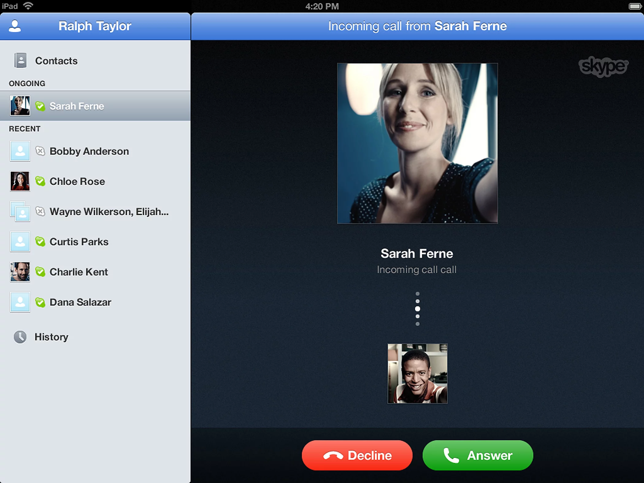The Skype for iPad call screen