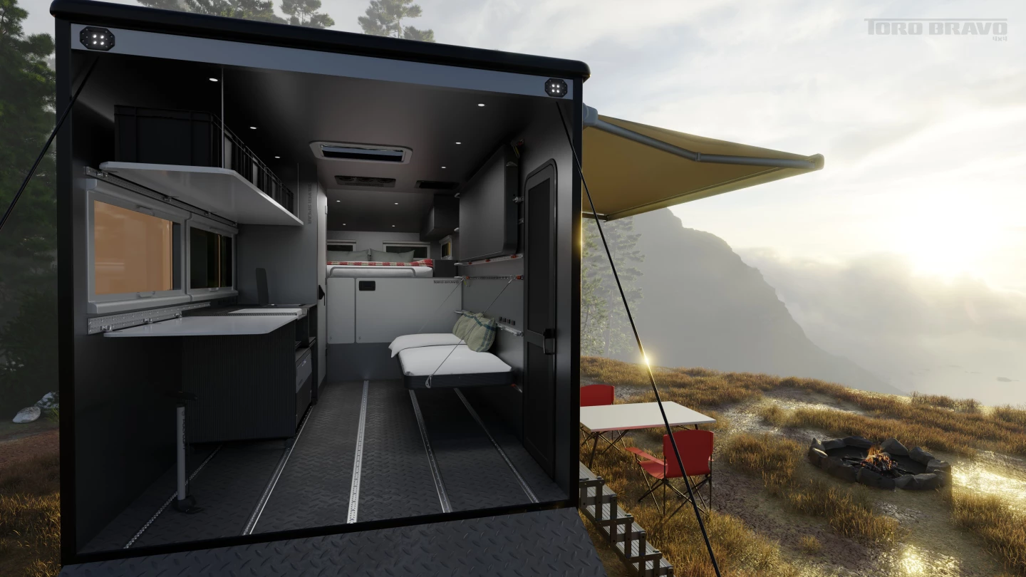 Fold-down beds, tables, chairs and other modules mount to the tie-down track to create a camper interior that can clear the way for bikes, power toys and other cargo