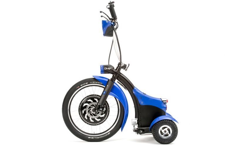 Two smaller rear wheels are connected to the front balance wheel by swing arms