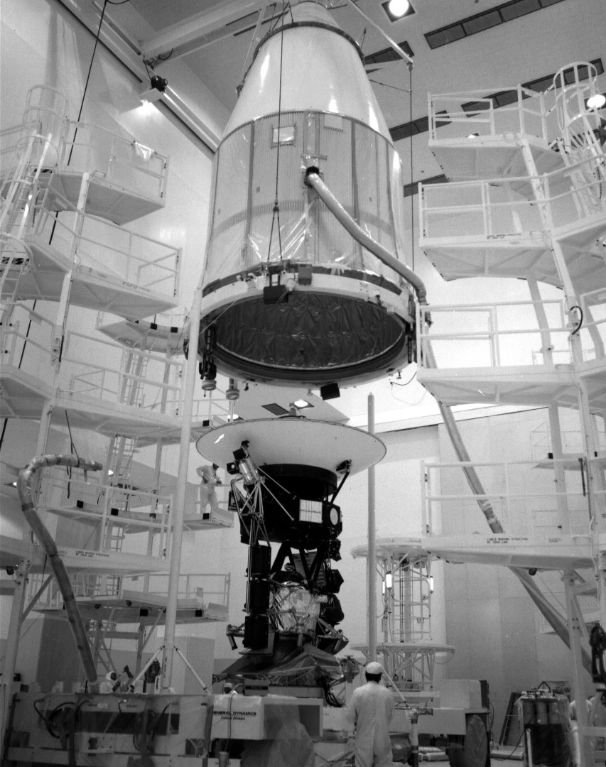 Voyager 2 being encapsulated before launch in 1977