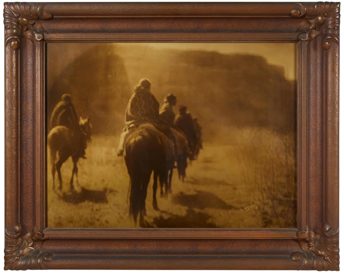 This oversized 18 x 24 inch signed orotone print of "The Vanishing Race" (1904) by Edward S. Curtis was sold for $100,312 at Bonhams on 30 June 2021
