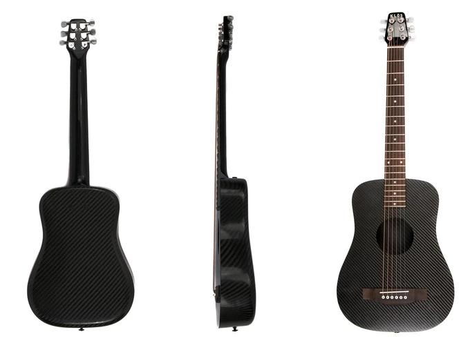The Klos travel guitar has a carbon fiber body and a mahogany neck topped with a rosewood fingerboard