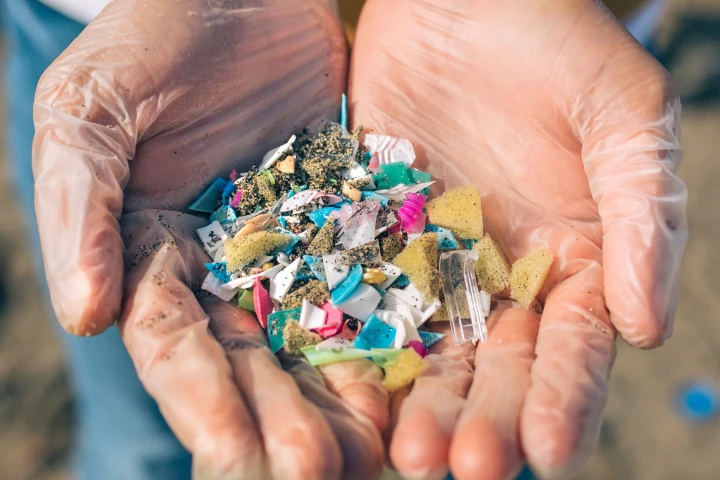 Hands full of small plastic pieces