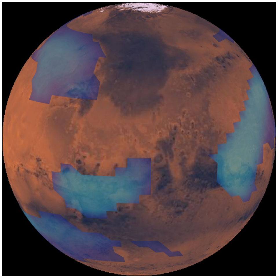Still from a computer simulation of the Martian atmosphere displaying middle altitude clouds