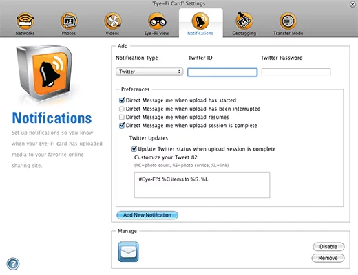 The Eye-Fi card's interface, where online data-sharing can be configured (Image: Adafruit)