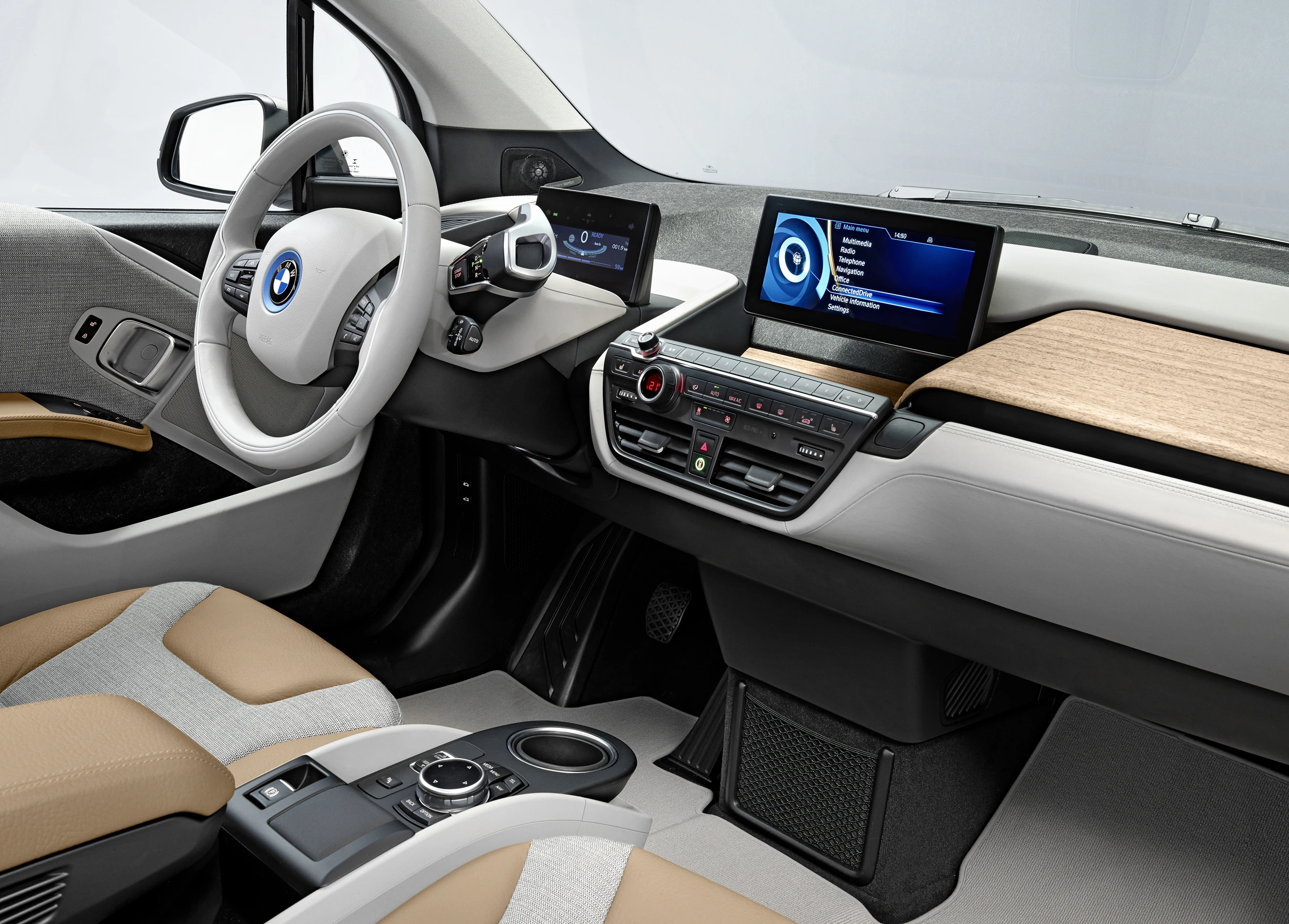 The i3 interior uses a variety of sustainable materials, including the eucalyptus wood on the dash
