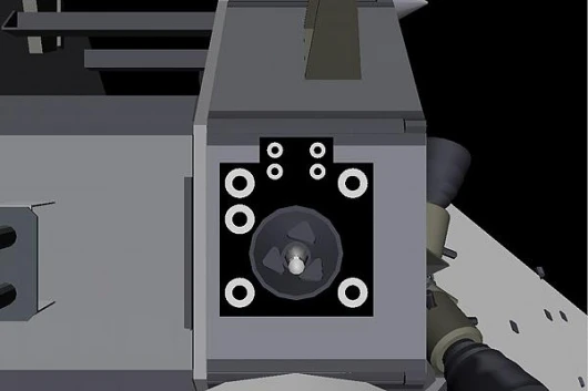 Still image from the Orbital Express Manipulator camera. This image is raw and shows the NextSat OEDMS target used when performing Free Flyer Capture operations. In the background the DARPA, STP-1 and NASA logos can be seen. Photo: Boeing/MDA image courte