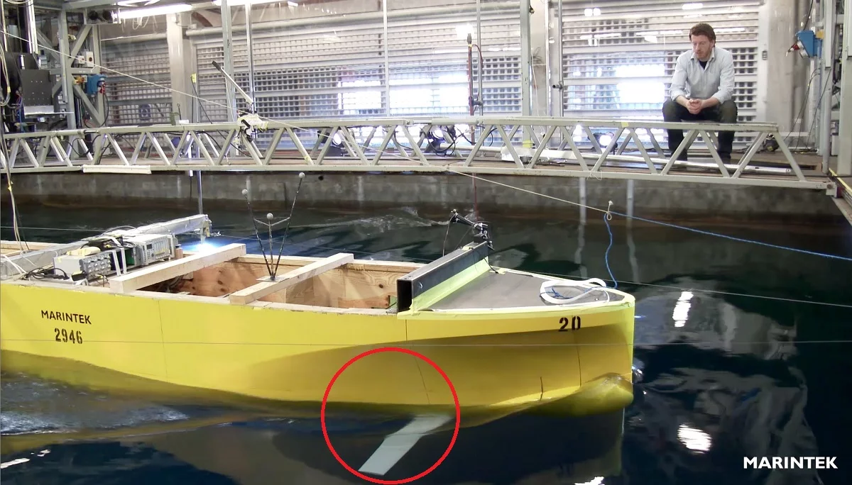 The whale tail-equipped model, being tank-tested in Norway
