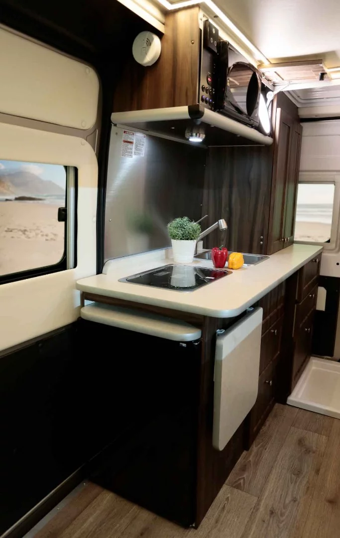 The kitchen area includes a flush-lid double-burner stove, sink, microwave and expanding countertop