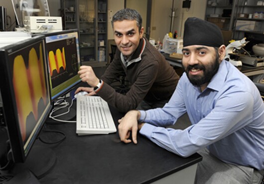 Sumit Chaudhary, left, and Kanwar Singh Nalwa of Iowa State University and the U.S. Department of Energy's Ames Laboratory (Image: Leah Hansen)