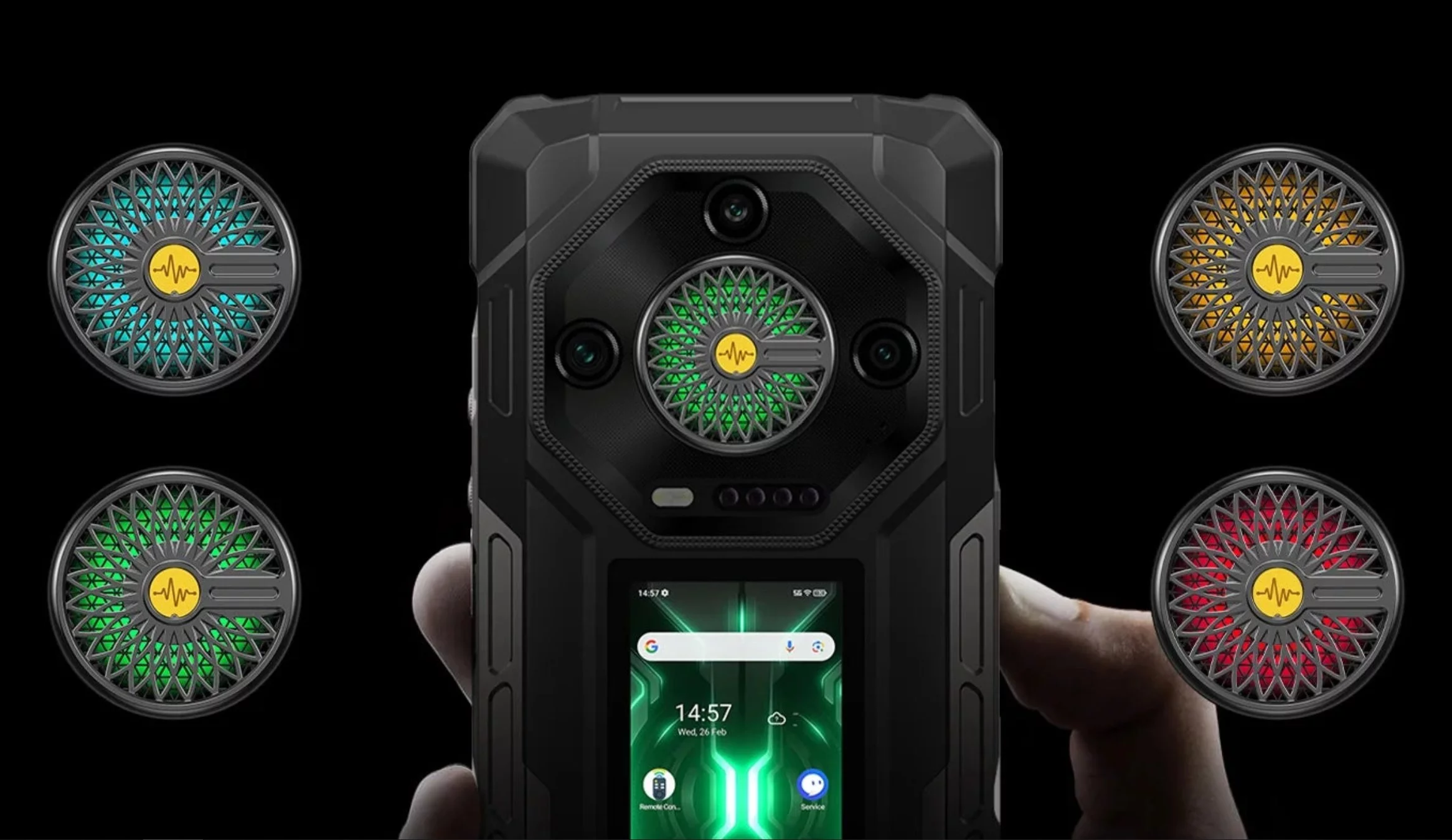 The 118-dB Halo speaker in the middle of the rear camera array also rocks RGB lighting