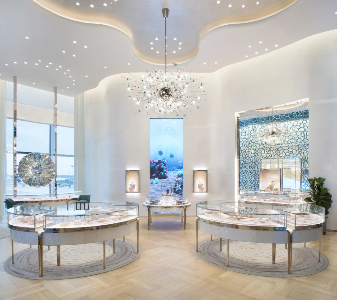 The Tiffany Facade Singapore Changi's interior measures 142 sq m (roughly 1,500 sq ft) and its decor references coral and the sea