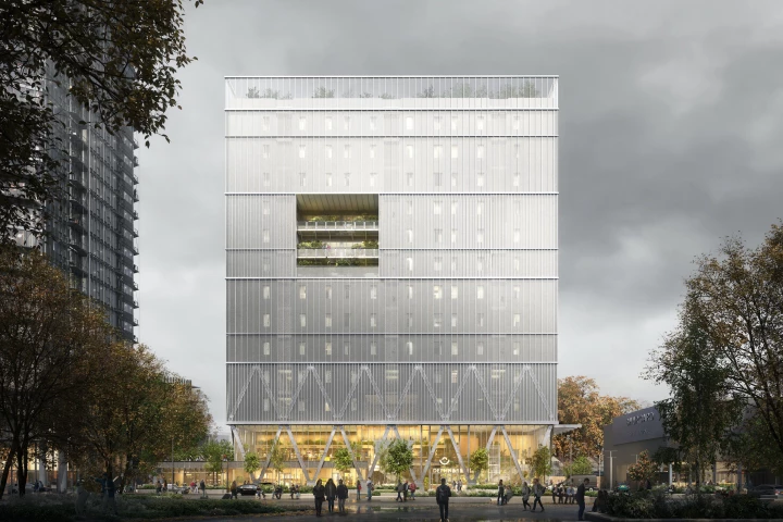 Portal Way will feature a metallic mesh facade enlivened by areas of greenery