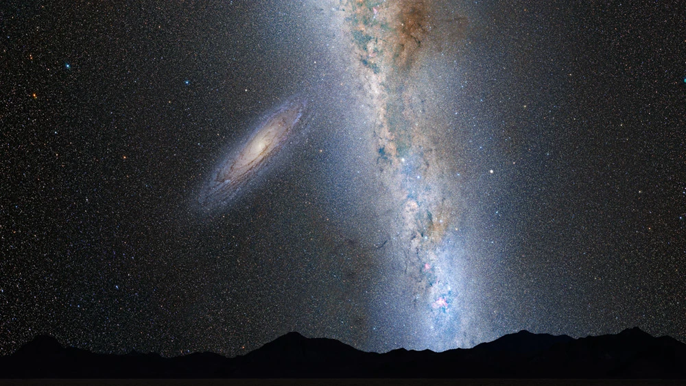 Two billion years from now, the disk of the approaching Andromeda galaxy is noticeably larger (Image: NASA / STScI)