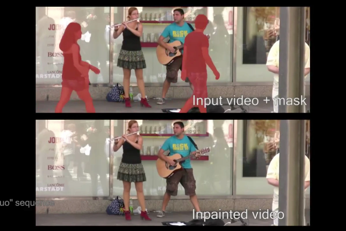 People in the foreground (marked in red) are removed from video footage of two musicians