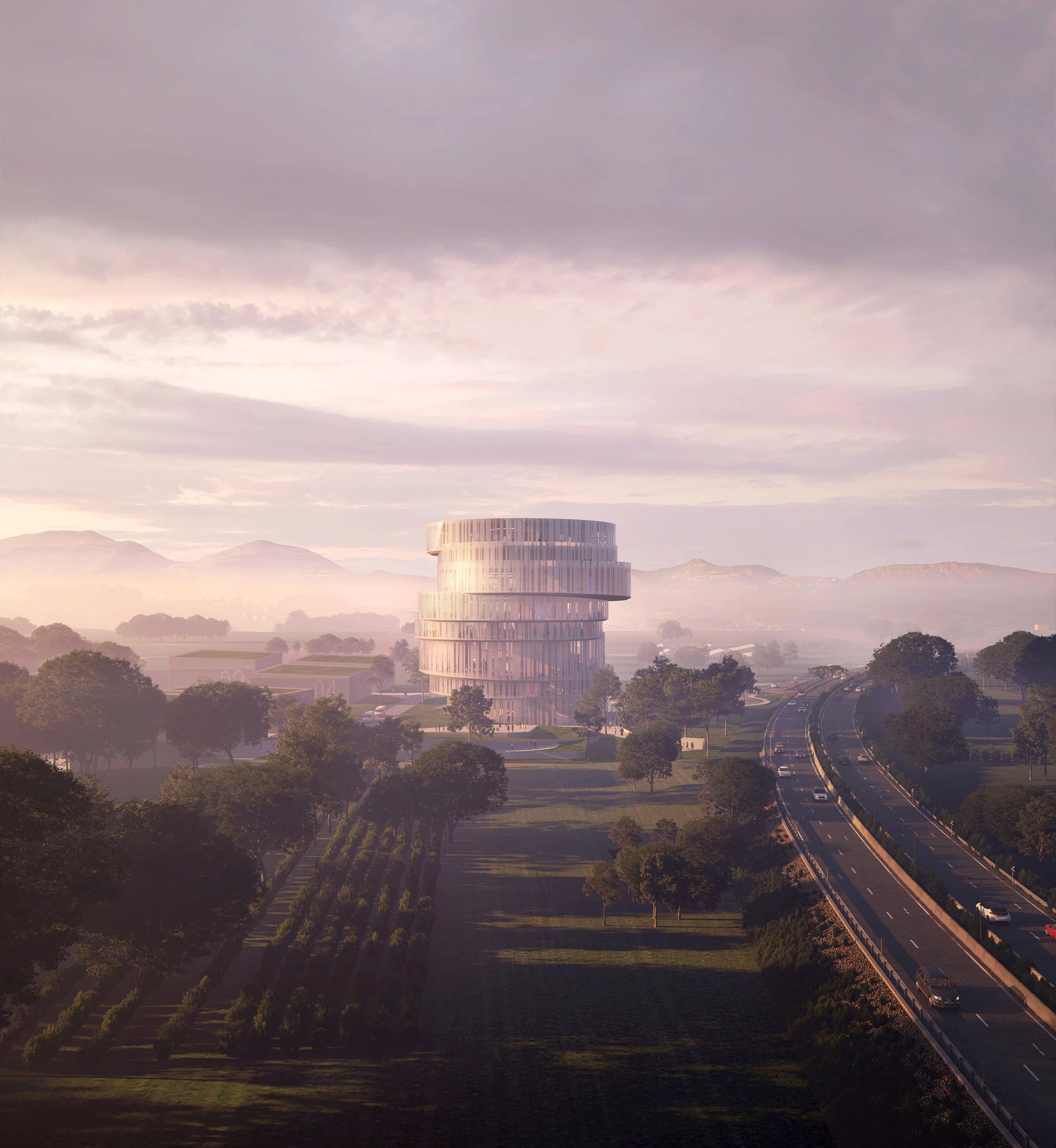 The Klan TV Headquarters is designed to resemble stacked film reels, of the type associated with TV and movie production