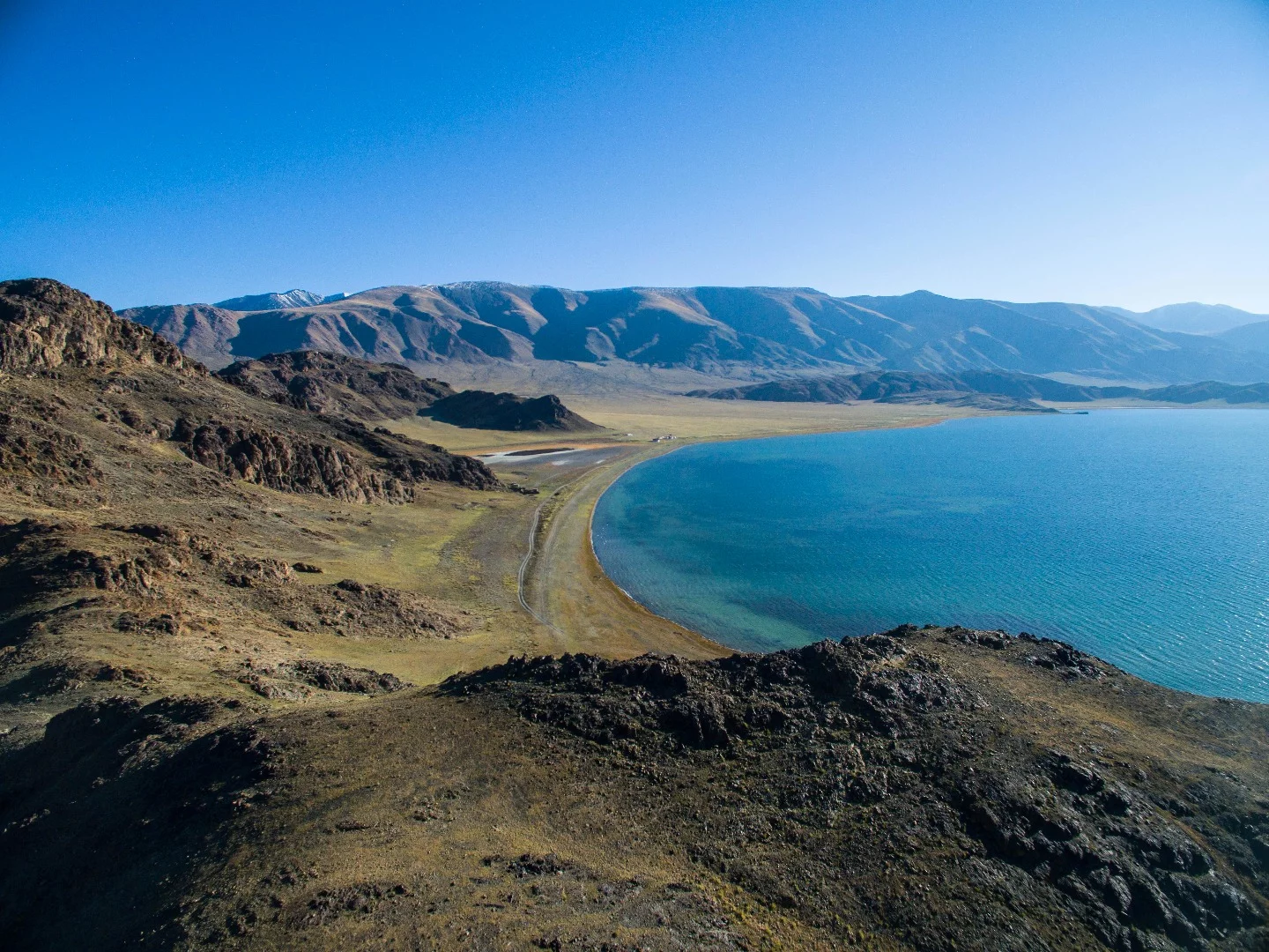 Lake Tolbo, with the Altai mountain ranges behind it