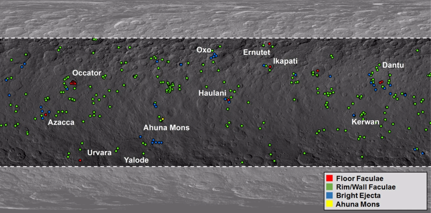 Global map of Ceres showing the locations of over 300 bright features