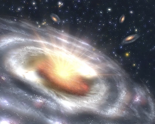 This is an artist's concept of a quasar (bright area with rays) embedded in the center of a galaxy. (Image: NASA/JPL-Caltech/T. Pyle - SSC)
