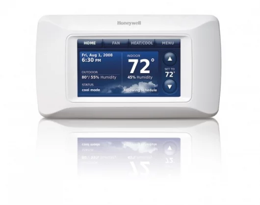 The Honeywell Prestige HD programmable thermostat features a full-color, high-definition touchscreen interface