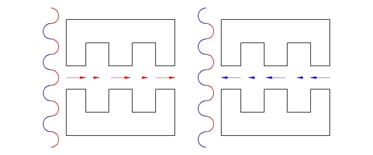 Cartoon of a laser beam passing through a dielectric material with an internal grating (Image: B. Dodson)