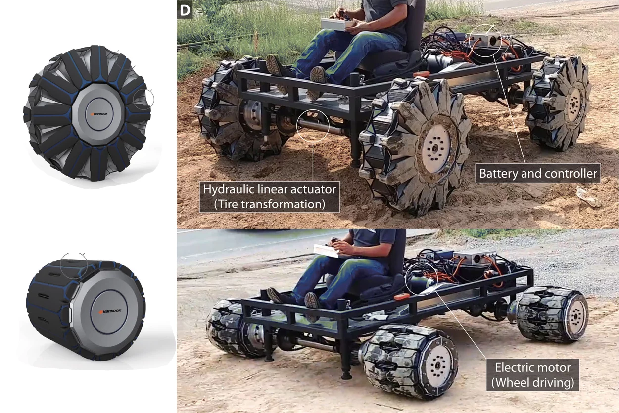 Squeezing the sides of the hub together can nearly double the rolling diameter of this origami-inspired wheel