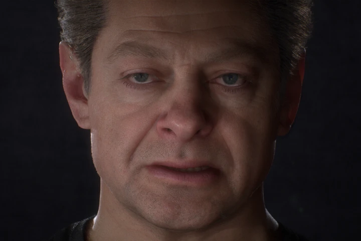 A computer-generated Andy Serkis demonstrates the latest advance in photorealistic digital avatars