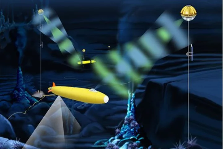 An artist's conception of how the optical modem could function at a deep ocean cabled observatory (E. Paul Oberlander, Woods Hole Oceanographic Institution)