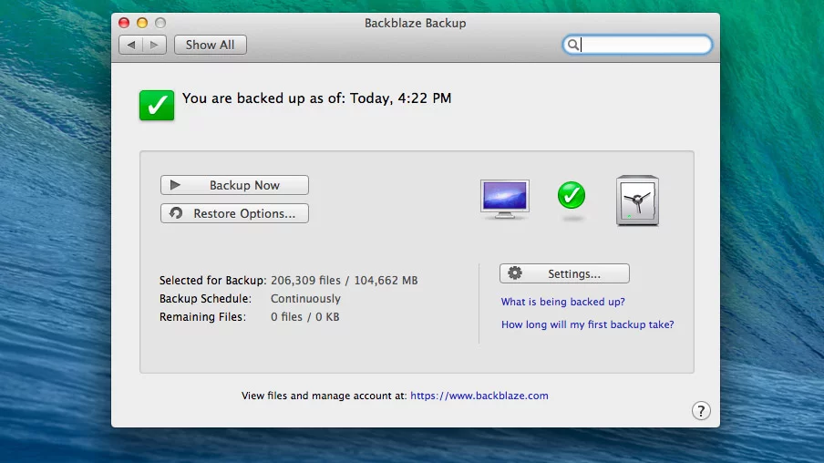 The Backblaze preferences screen on OS X