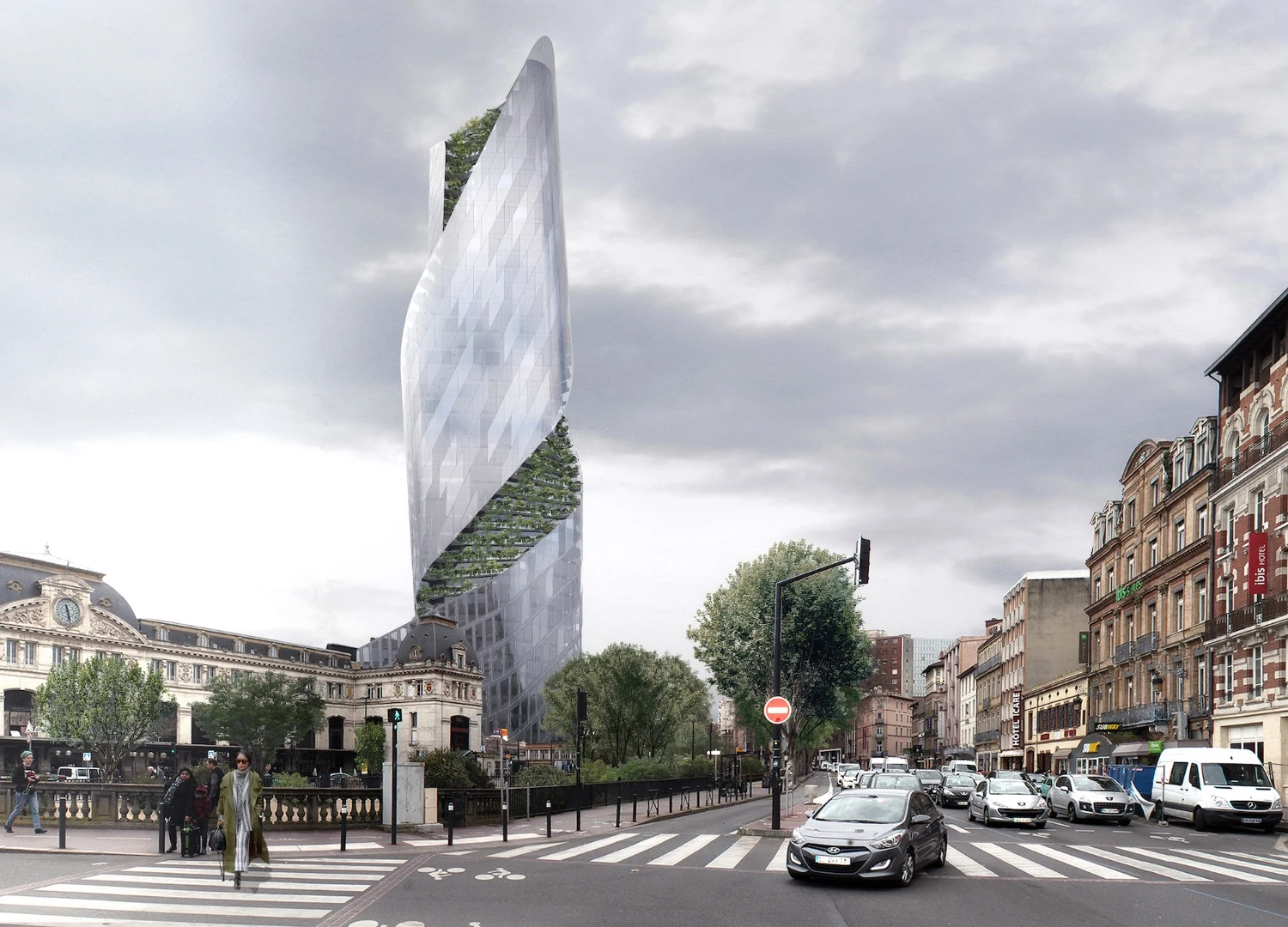 The Occitanie Tower will feature a glazed facade that's broken up by a twisting ribbon of greenery