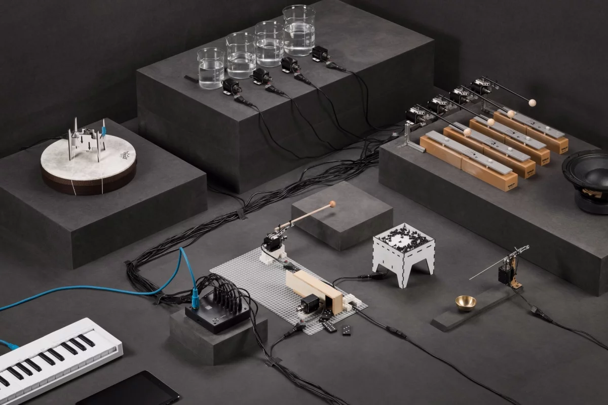 The automat analog orchestra, featuring bashers and beaters triggered by MIDI software running on a laptop or mobile device