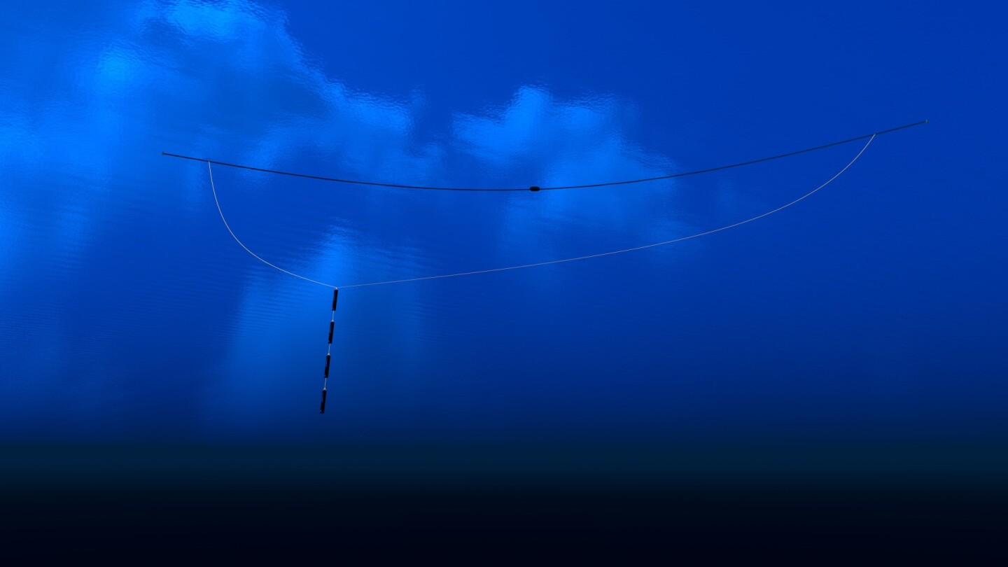 The Ocean Cleanup computer rendering, underwater full system view