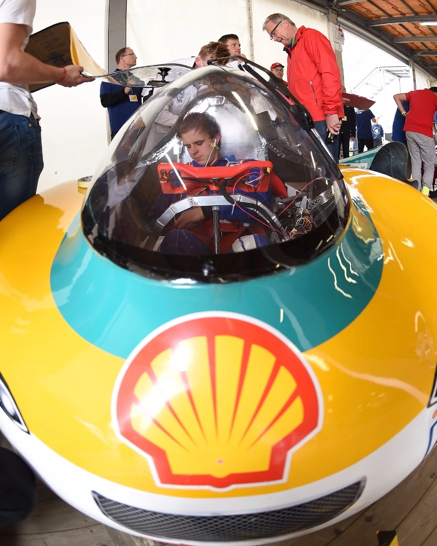 The Accelerator, a hydrogen UrbanConcept racing for team HAN Hydromotive from Hogeschool Van Arnhem En Nijmegen, Arnhem, Netherlands prepares to enter the track during Make the Future London 2016