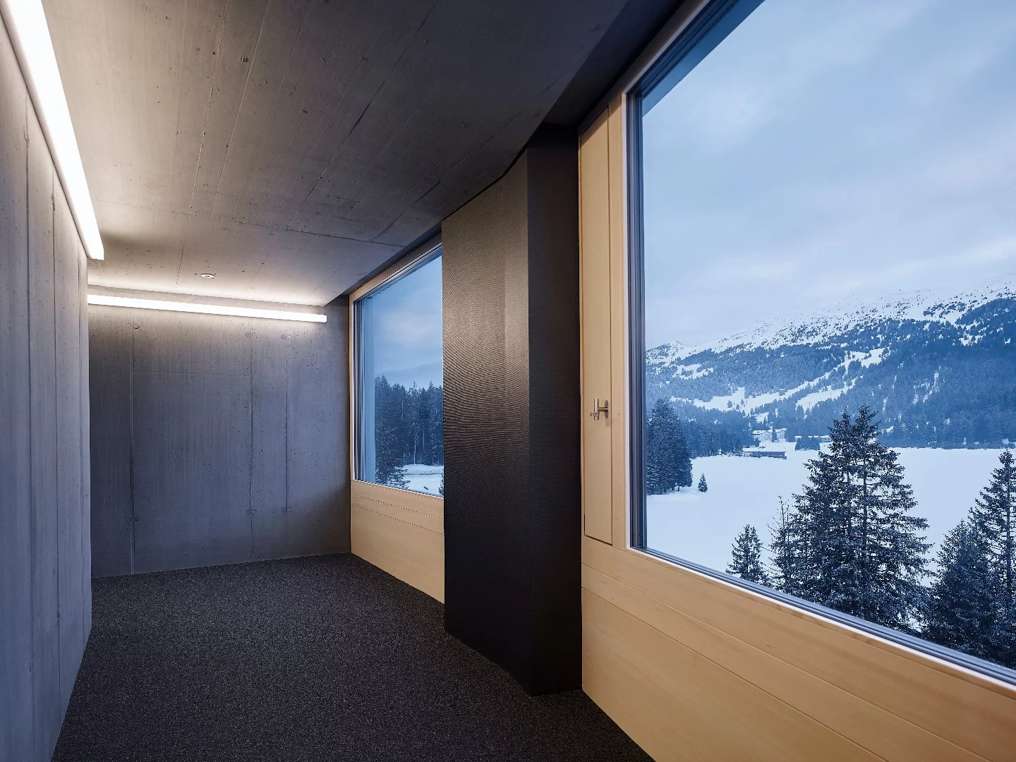 Hallway inside Switzerland's prefab Revier Mountain Lodge