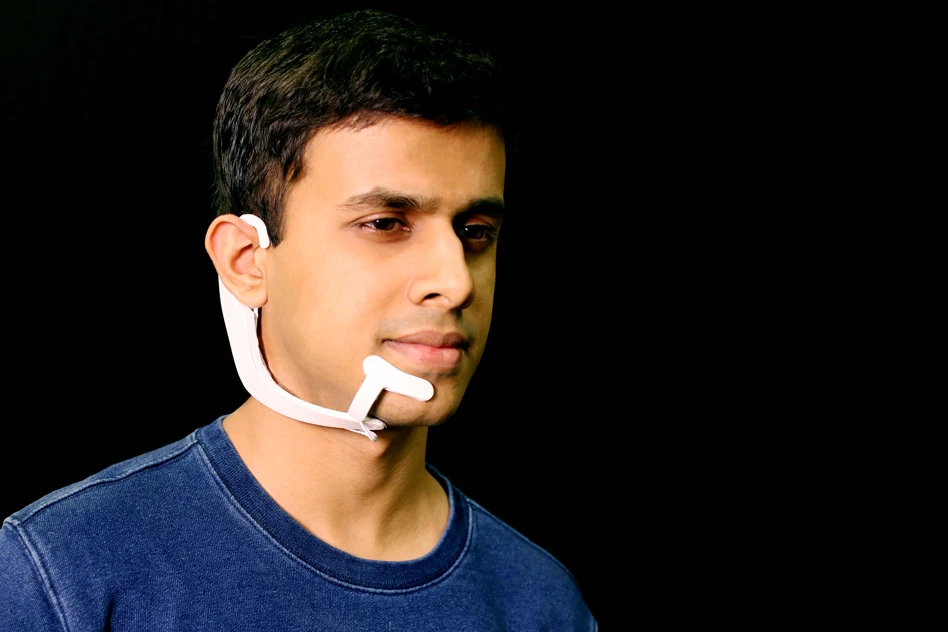 Arnav Kapur, a researcher in the Fluid Interfaces group at the MIT Media Lab, demonstrates the AlterEgo project